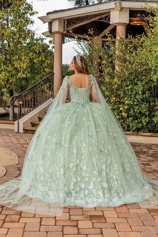Sage Capelet Sequin Glitter Ball Gown