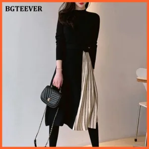 Stylish Half Turtleneck Women Sweater Dress | Long Sleeve Slim Belted Female Patchwork Knitted Dress