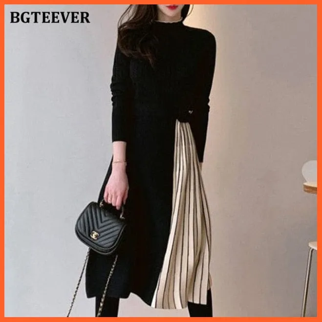 Stylish Half Turtleneck Women Sweater Dress | Long Sleeve Slim Belted Female Patchwork Knitted Dress