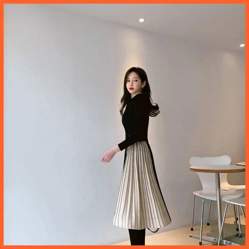 Stylish Half Turtleneck Women Sweater Dress | Long Sleeve Slim Belted Female Patchwork Knitted Dress