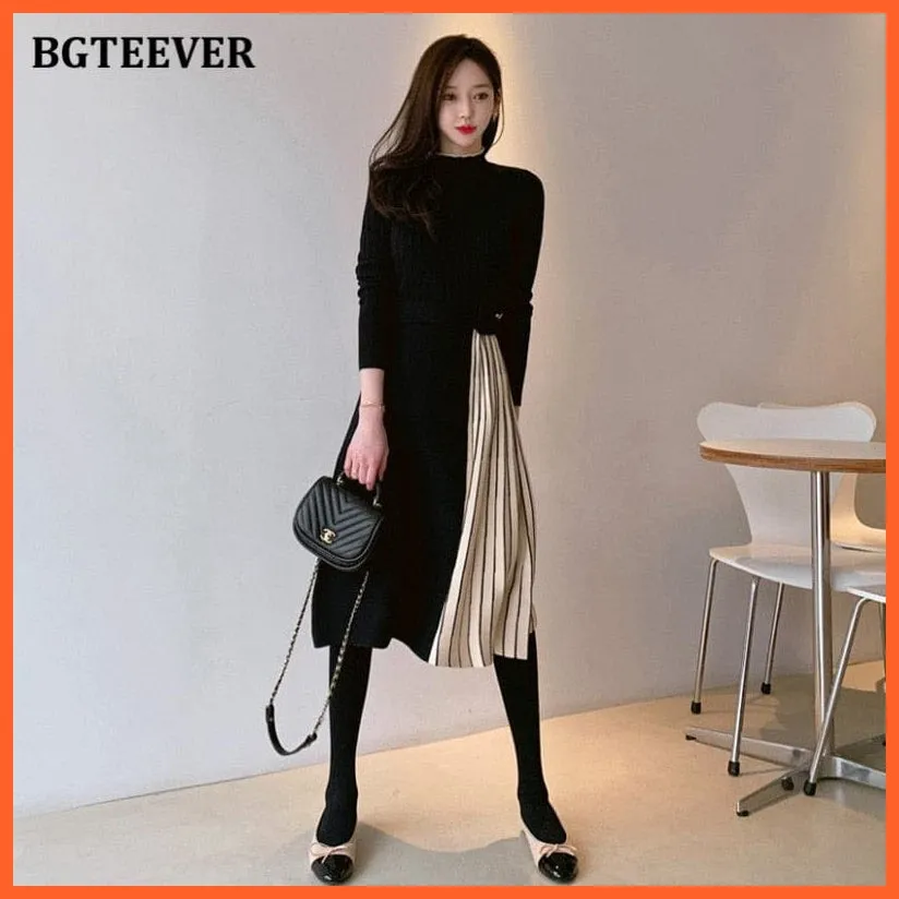 Stylish Half Turtleneck Women Sweater Dress | Long Sleeve Slim Belted Female Patchwork Knitted Dress