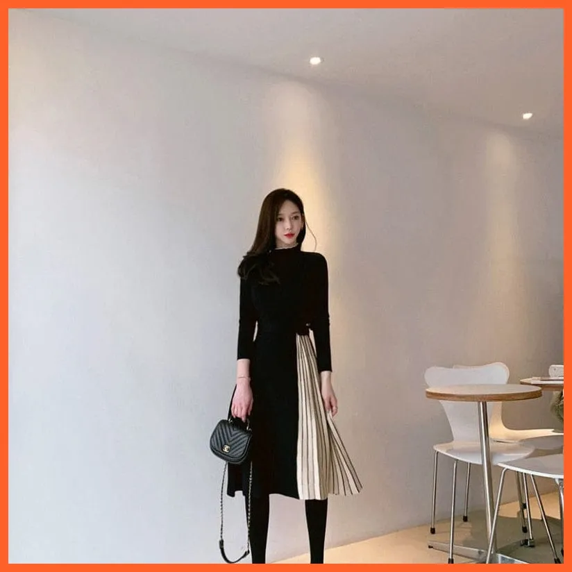 Stylish Half Turtleneck Women Sweater Dress | Long Sleeve Slim Belted Female Patchwork Knitted Dress
