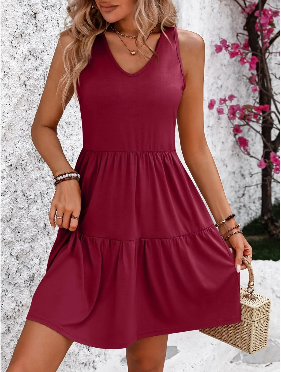 Summer Dresses for Women Sundresses Vacation Dress Sleeveless Tank Dress Solid Plain Flowy Ruffle Short Dresses
