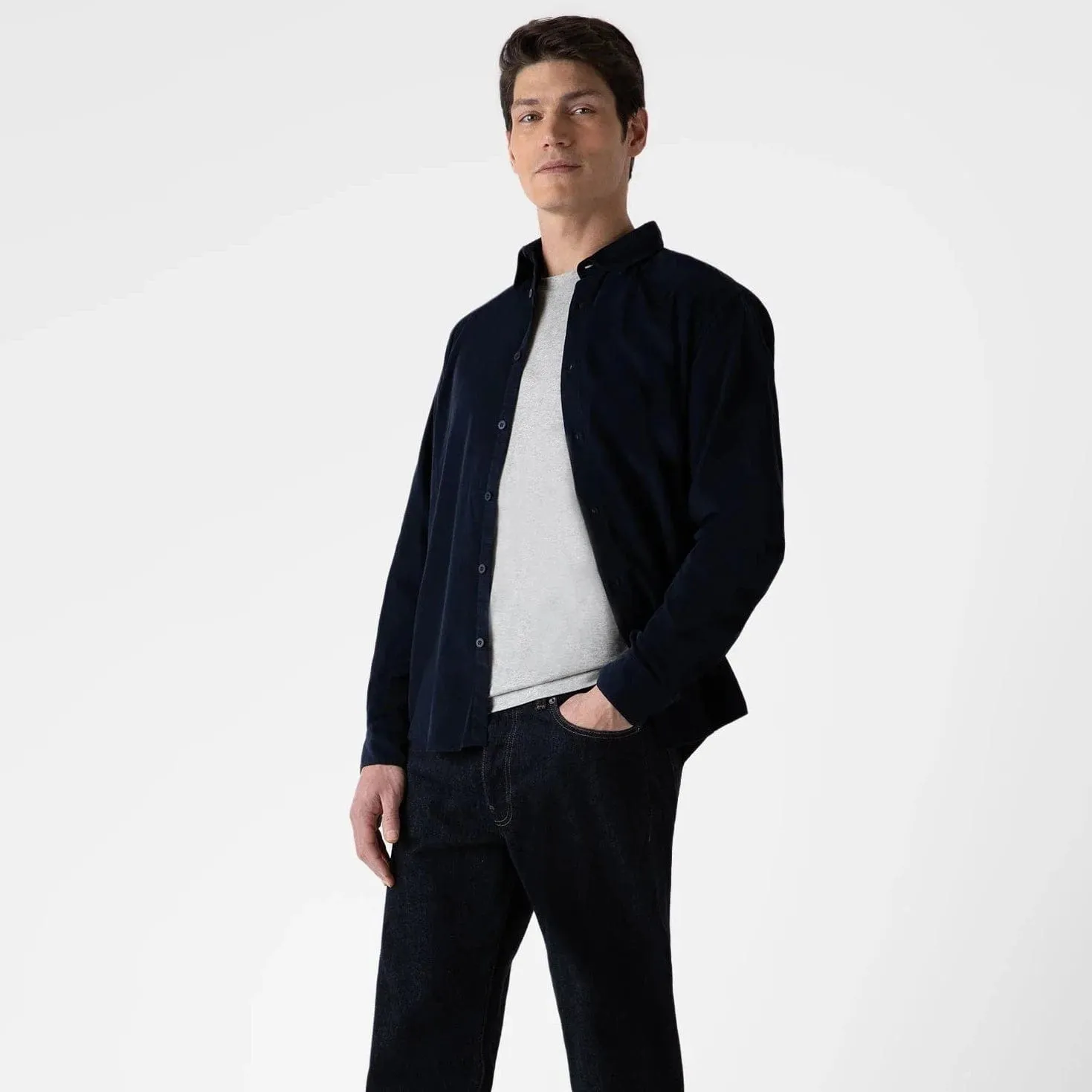 Sunspel Fine Cord Shirt in Navy