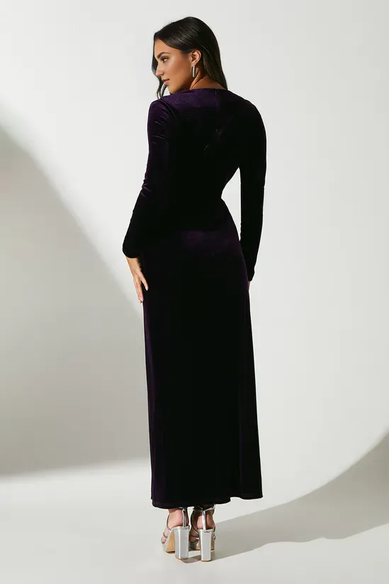 Twist Front V Neck Long Sleeve Velvet Midi Dress Floor-length Wedding Guest Dresses