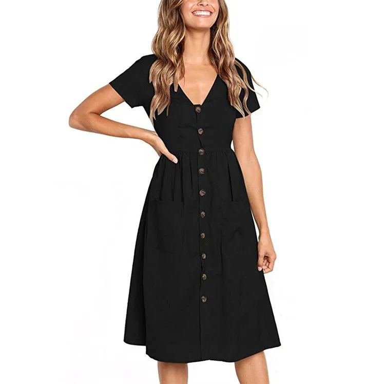 V-neck Buttons Solid Color High Waist Women A-line Knee-length Dress