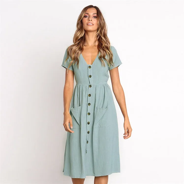 V-neck Buttons Solid Color High Waist Women A-line Knee-length Dress