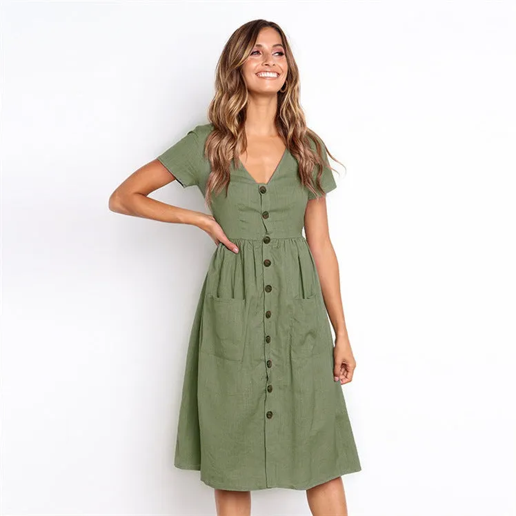 V-neck Buttons Solid Color High Waist Women A-line Knee-length Dress