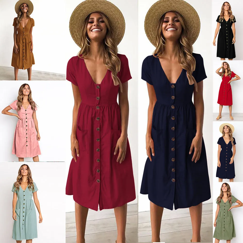 V-neck Buttons Solid Color High Waist Women A-line Knee-length Dress