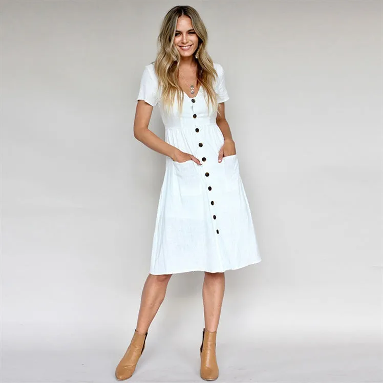V-neck Buttons Solid Color High Waist Women A-line Knee-length Dress