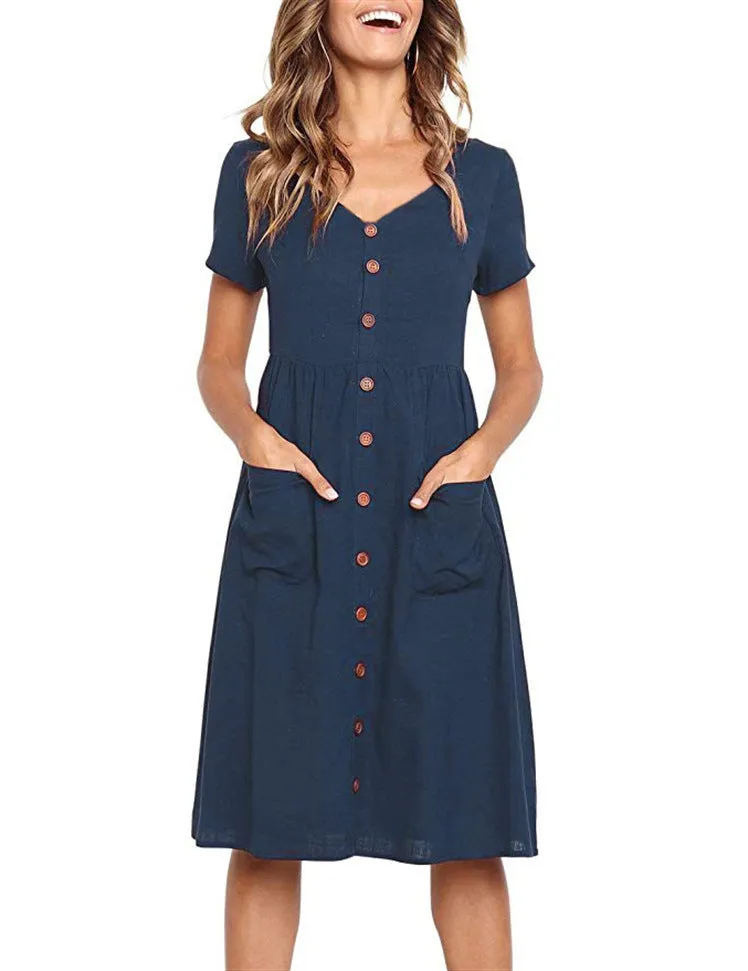 V-neck Buttons Solid Color High Waist Women A-line Knee-length Dress