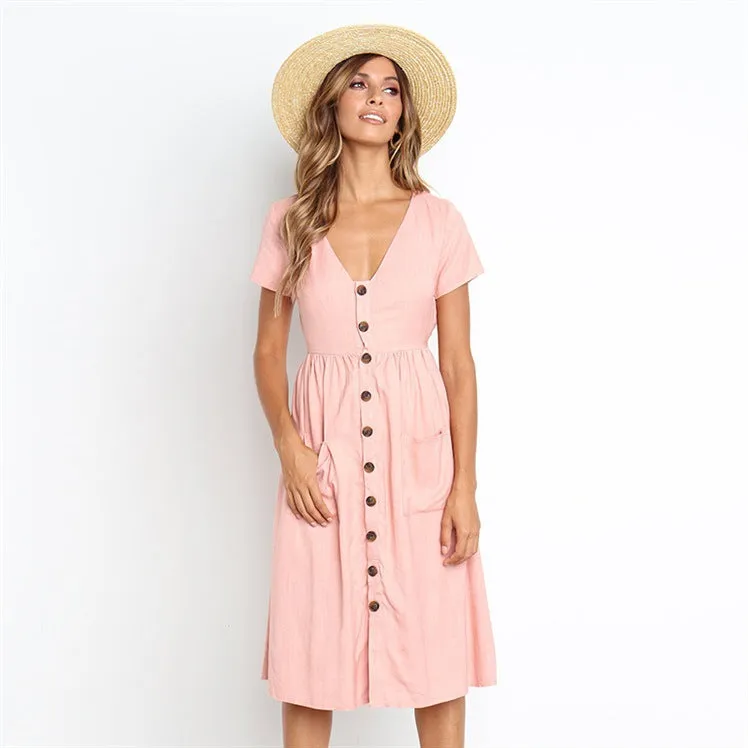 V-neck Buttons Solid Color High Waist Women A-line Knee-length Dress