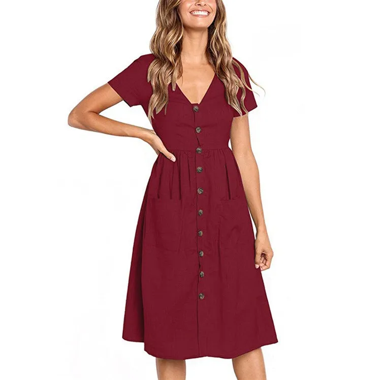 V-neck Buttons Solid Color High Waist Women A-line Knee-length Dress