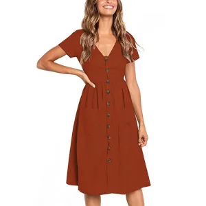 V-neck Buttons Solid Color High Waist Women A-line Knee-length Dress