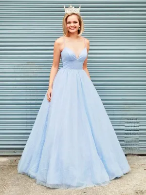 V Neck Light Blue Backless Prom Dresses, Open Back Blue Formal Evening Dresses