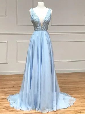 V Neck Light Blue Lace Prom Dresses, Light Blue V Lace Lace Formal Graduation Dresses
