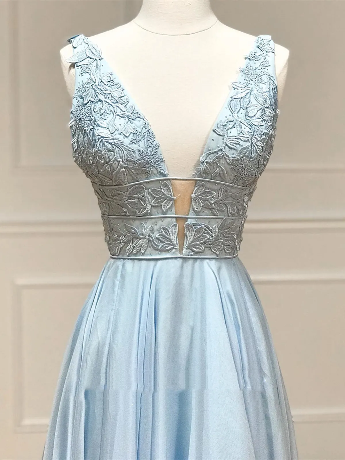 V Neck Light Blue Lace Prom Dresses, Light Blue V Lace Lace Formal Graduation Dresses