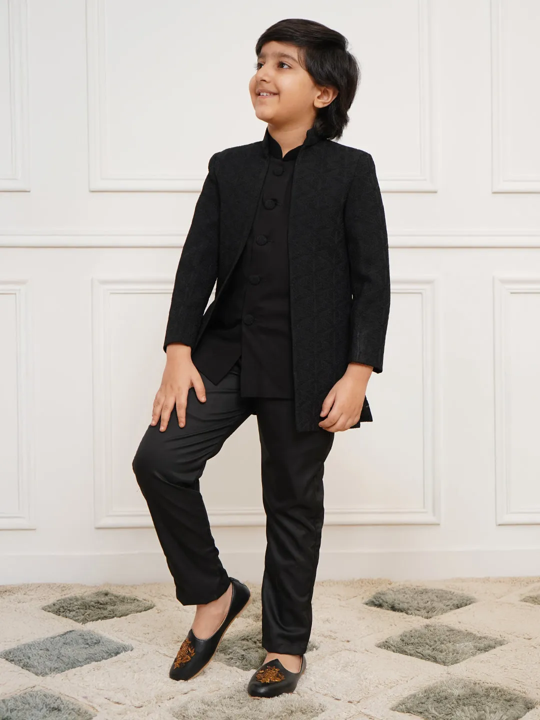 VASTRAMAY Boys' Black Open Indowestern set