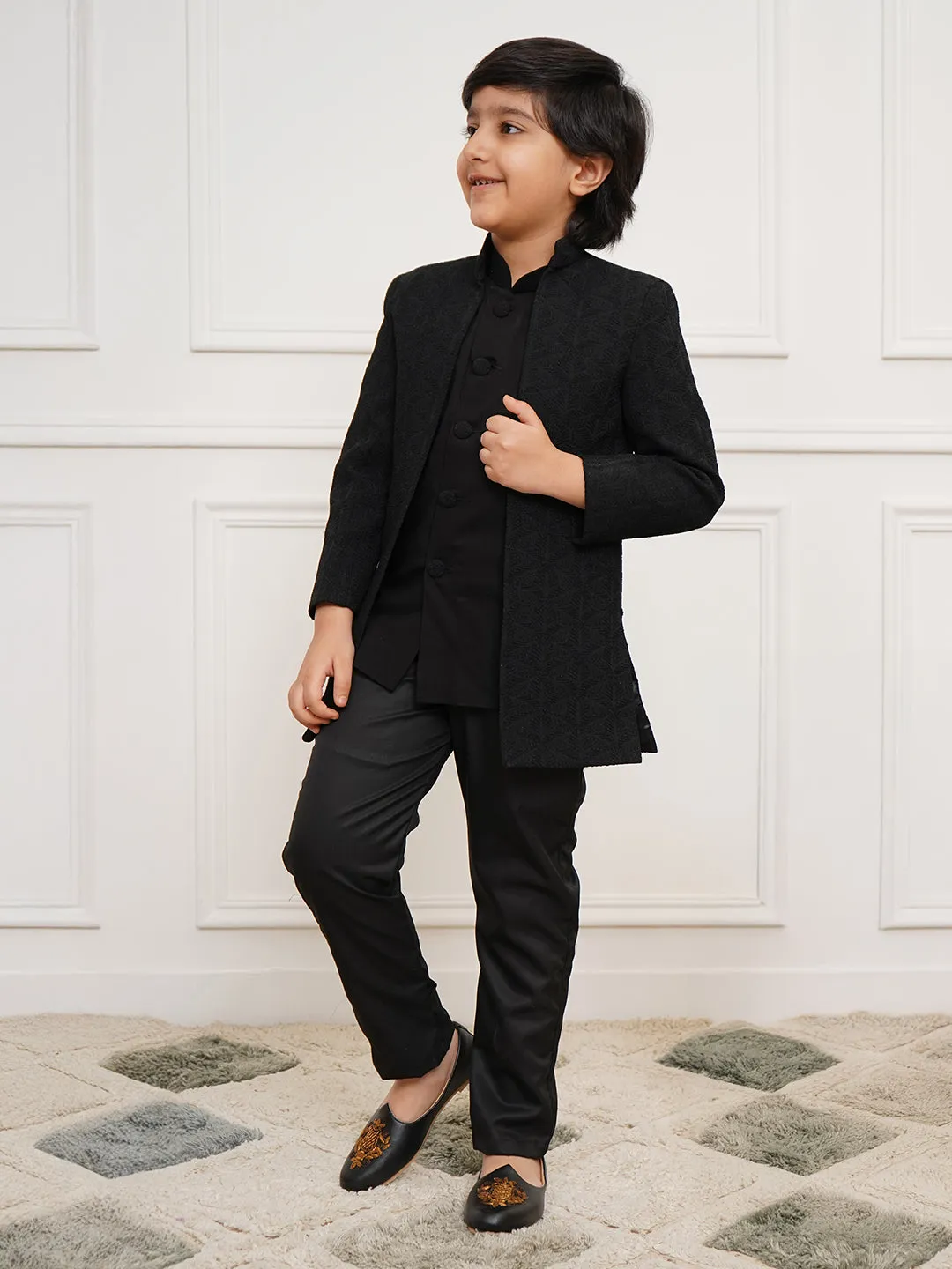 VASTRAMAY Boys' Black Open Indowestern set