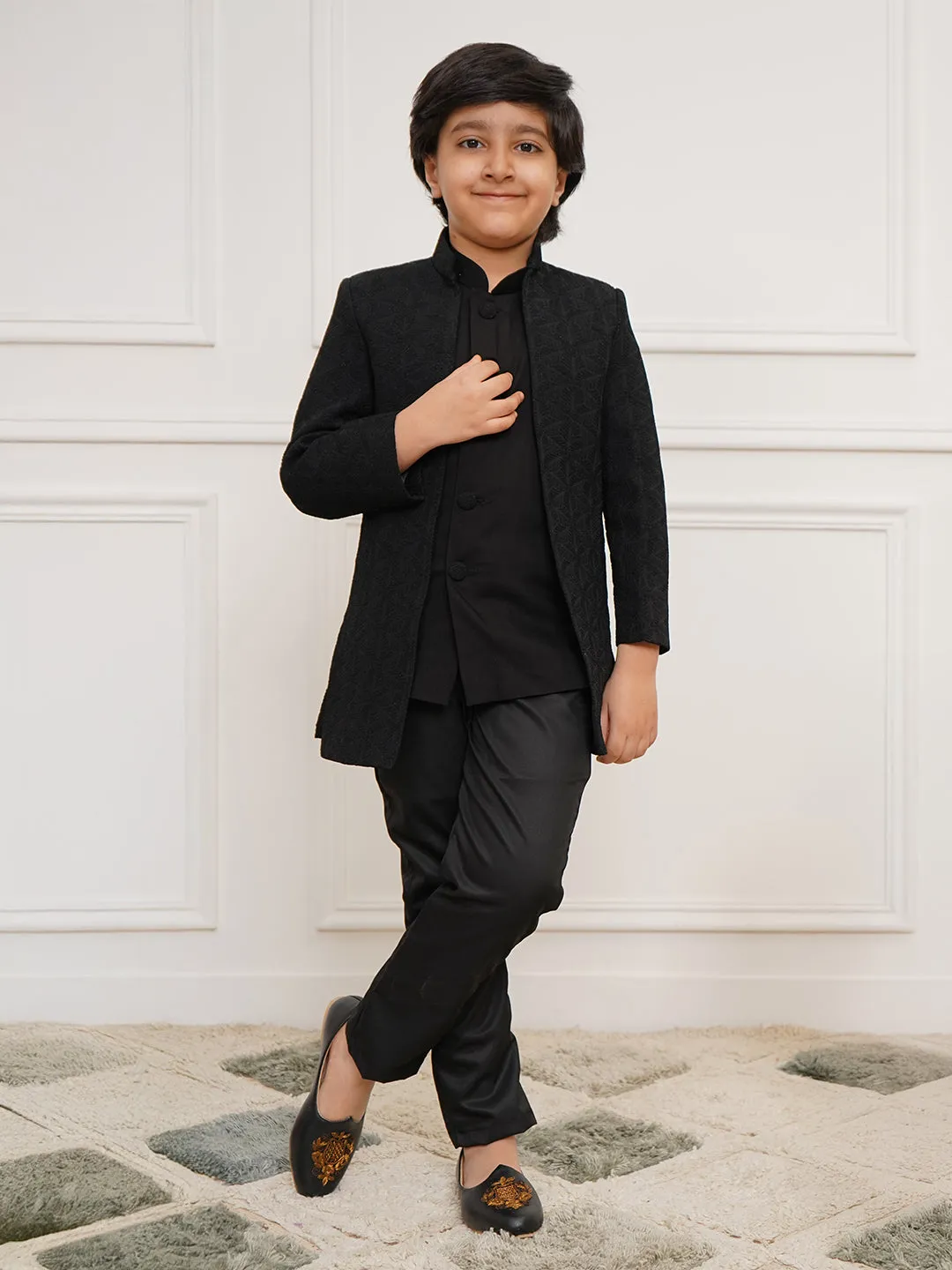 VASTRAMAY Boys' Black Open Indowestern set