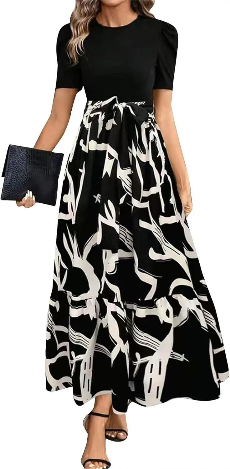Wedding Guest Dresses for Women 2025 Summer Short Sleeve Floral Long Dress Cocktail Party A Line Flowy Maxi Skirts
