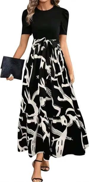 Wedding Guest Dresses for Women 2025 Summer Short Sleeve Floral Long Dress Cocktail Party A Line Flowy Maxi Skirts