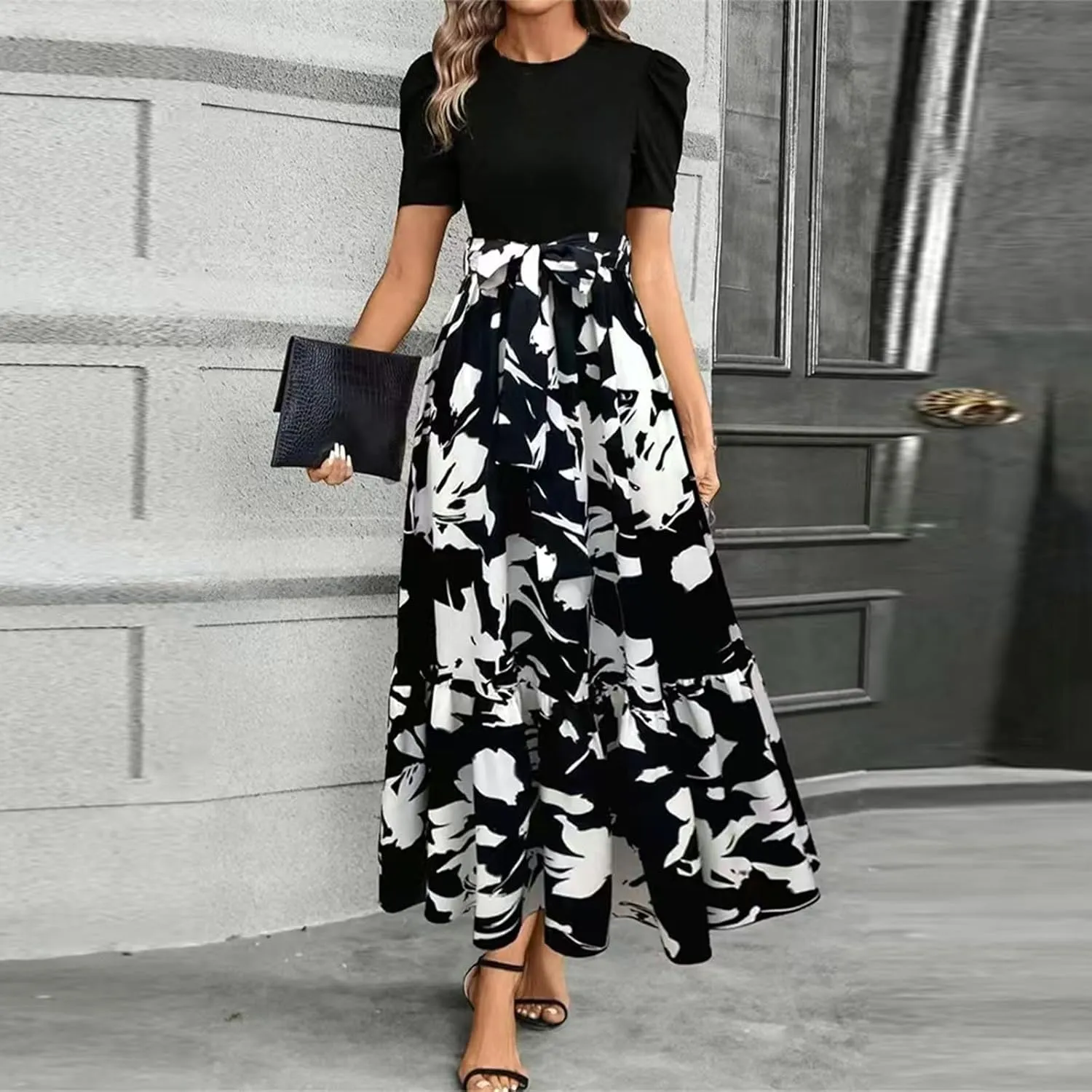 Wedding Guest Dresses for Women 2025 Summer Short Sleeve Floral Long Dress Cocktail Party A Line Flowy Maxi Skirts