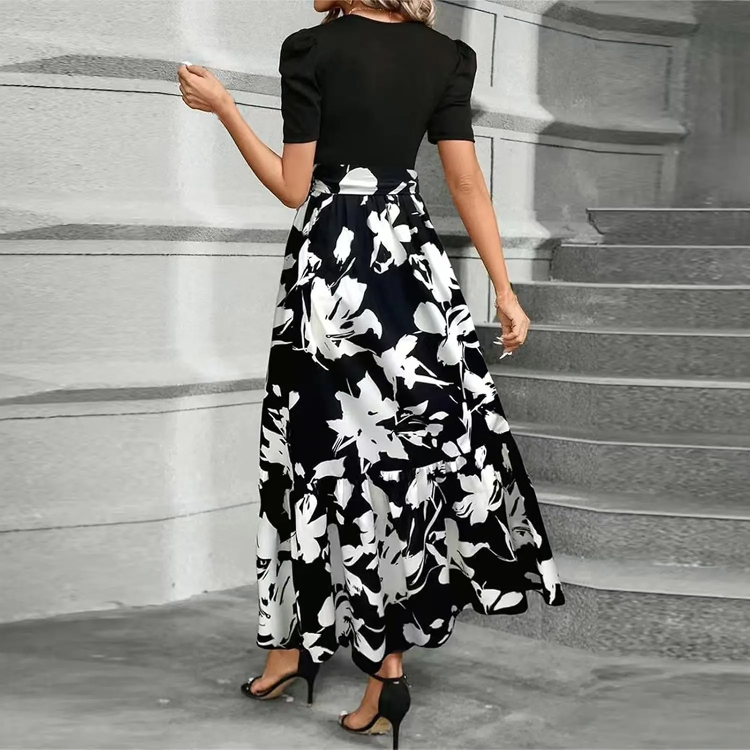 Wedding Guest Dresses for Women 2025 Summer Short Sleeve Floral Long Dress Cocktail Party A Line Flowy Maxi Skirts