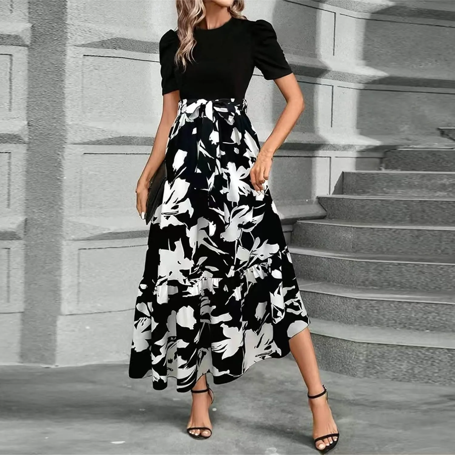Wedding Guest Dresses for Women 2025 Summer Short Sleeve Floral Long Dress Cocktail Party A Line Flowy Maxi Skirts