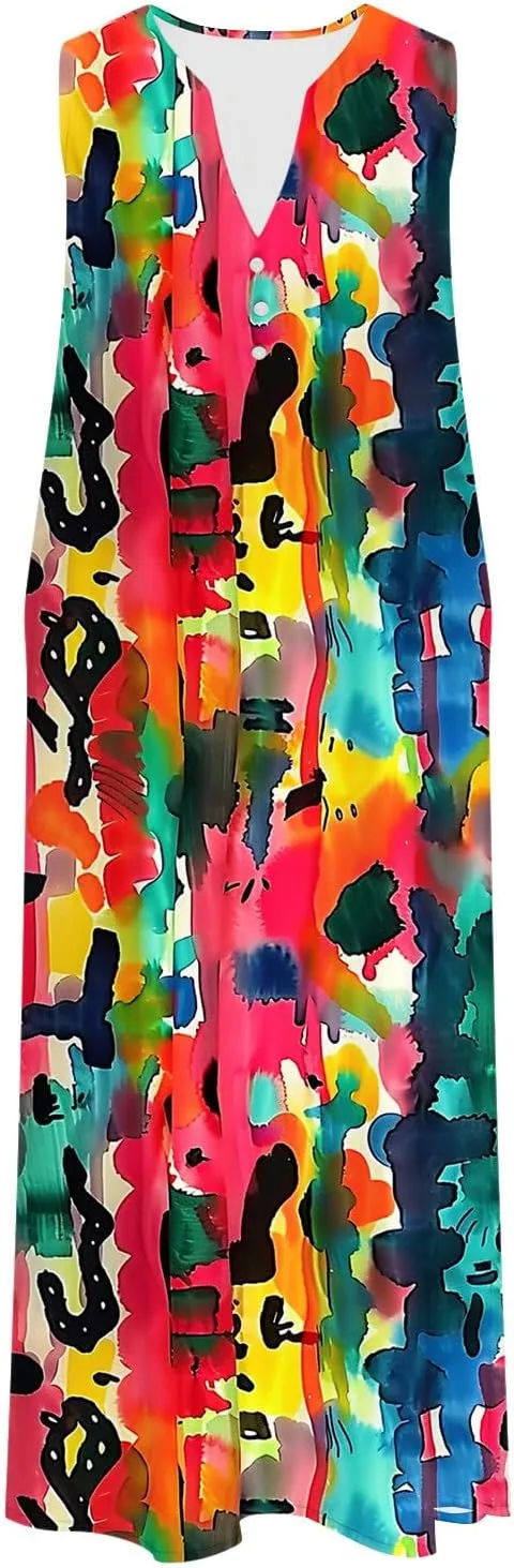 Women Floral Midi Dress with Pocket, 2025 Boho Summer Dresses V Neck Sleeveless Knee Length Sundress Beach Dress