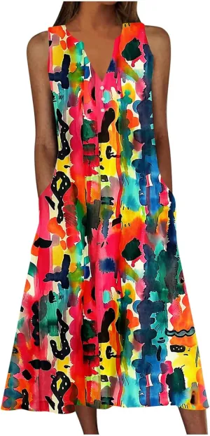 Women Floral Midi Dress with Pocket, 2025 Boho Summer Dresses V Neck Sleeveless Knee Length Sundress Beach Dress