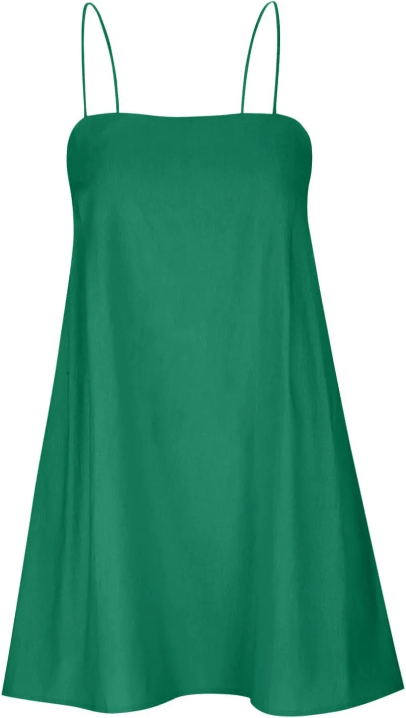 Women Linen Mini Dress Spaghetti Strap Summer Dress Casual Loose Sundress Short Cami Dress Beach Party Sun Dress