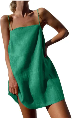 Women Linen Mini Dress Spaghetti Strap Summer Dress Casual Loose Sundress Short Cami Dress Beach Party Sun Dress