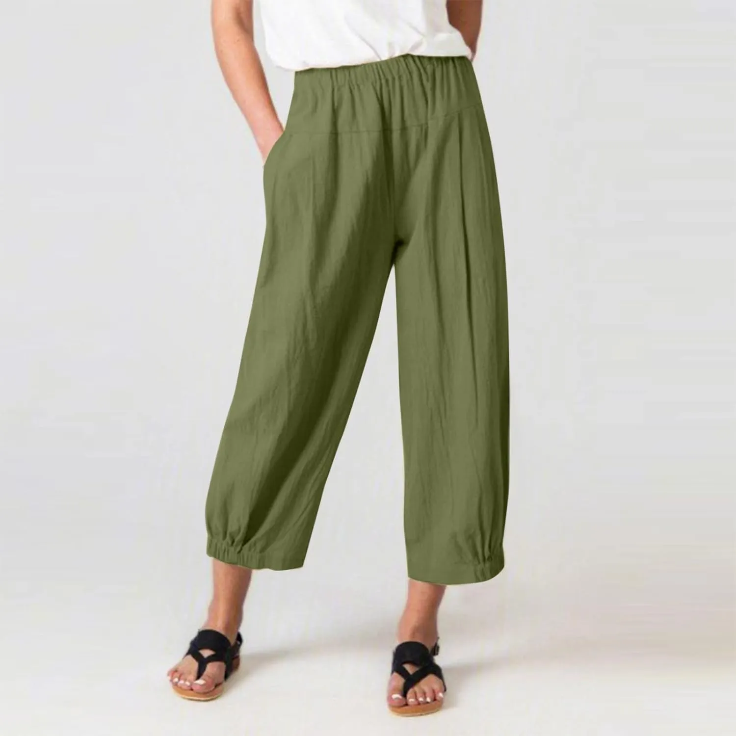 Women Linen Summer Drawstring Pant Trousers Low Waist Wide Leg Slim Fit Trousers Office