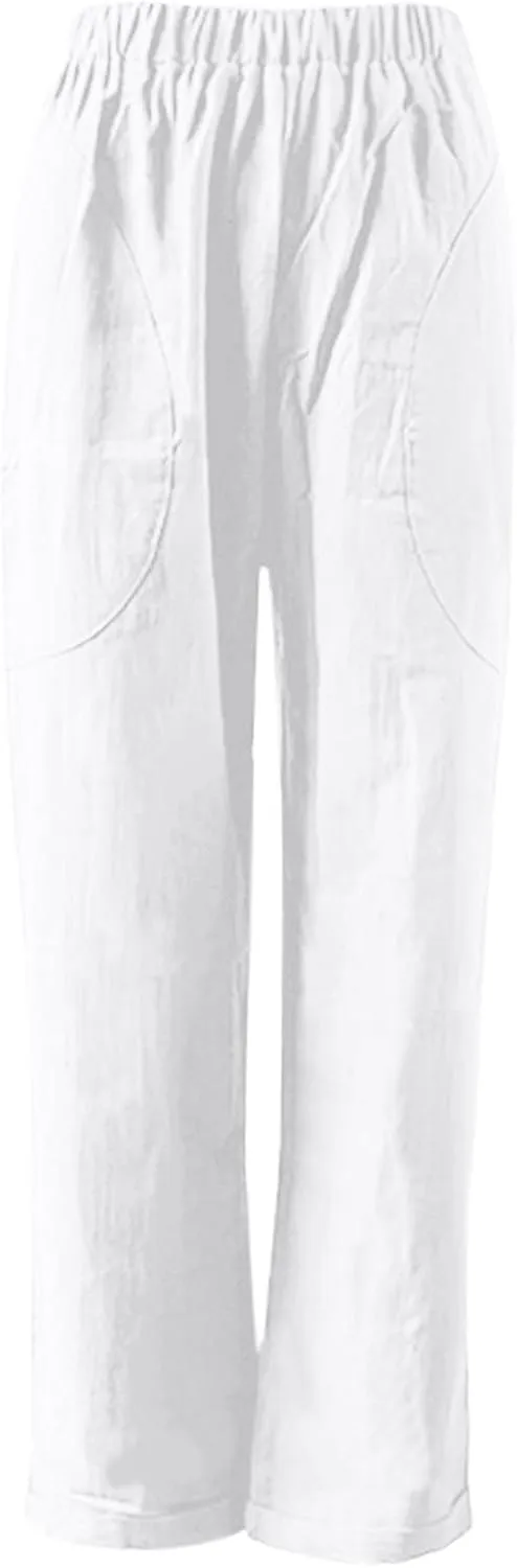 Women Linen Summer Striped Palazzo Pants Elastic Waist Bootcut Slim Fit Pant Trousers Work Business
