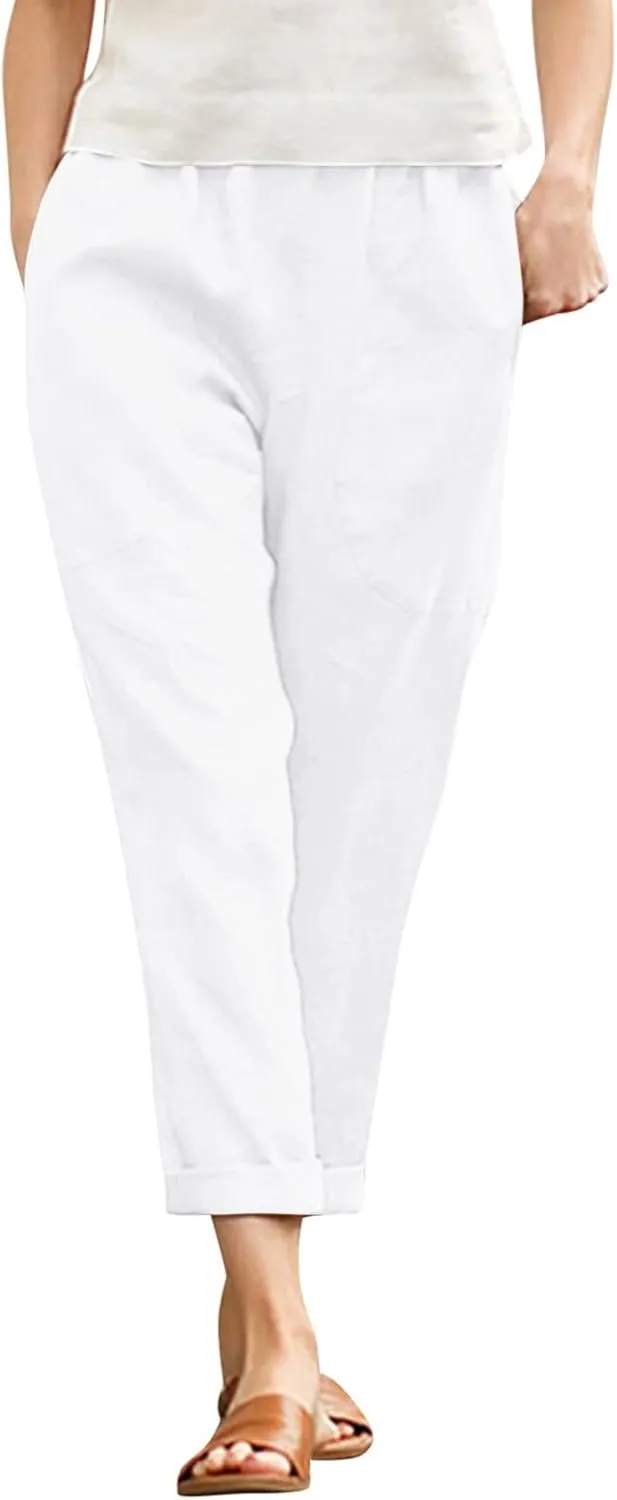 Women Linen Summer Striped Palazzo Pants Elastic Waist Bootcut Slim Fit Pant Trousers Work Business