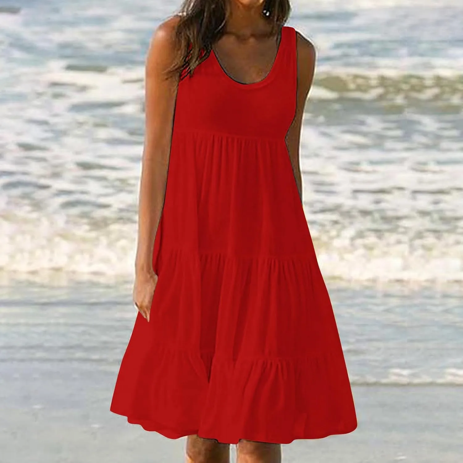 Women Plus Size Summer Dresses Loose Fit Crew Neck Sleeveless Sundress Cute Peplum Tired Beach Vacation Midi Dress