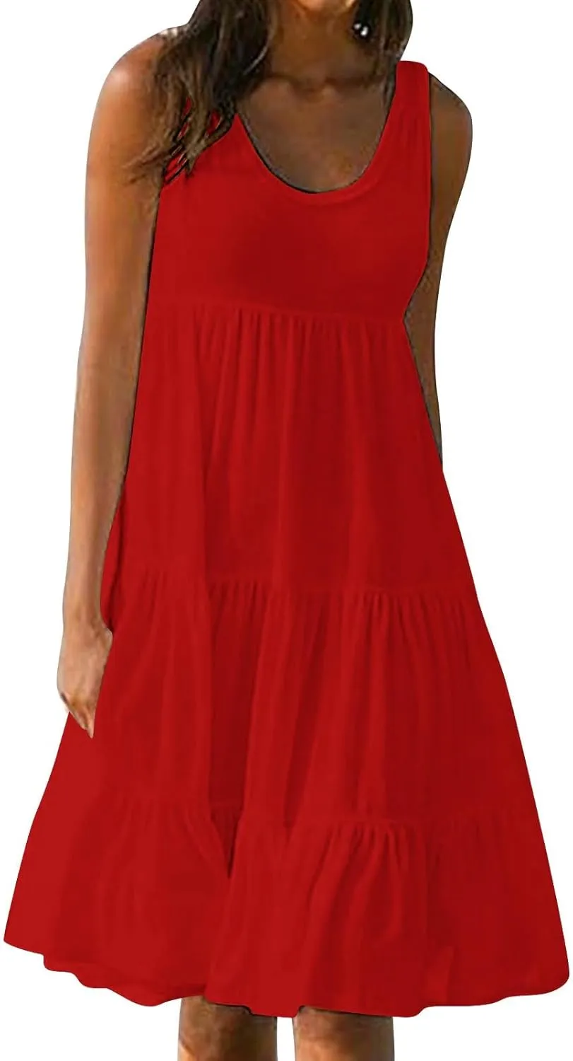 Women Plus Size Summer Dresses Loose Fit Crew Neck Sleeveless Sundress Cute Peplum Tired Beach Vacation Midi Dress
