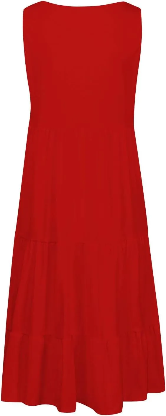 Women Plus Size Summer Dresses Loose Fit Crew Neck Sleeveless Sundress Cute Peplum Tired Beach Vacation Midi Dress