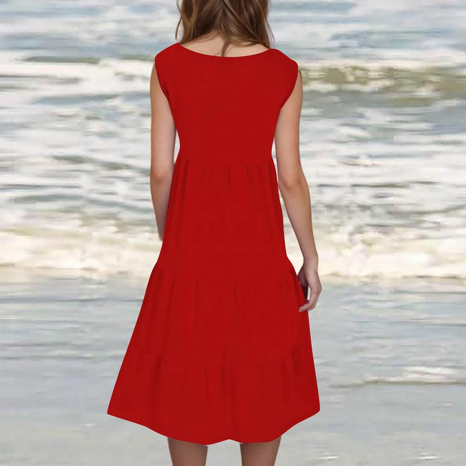 Women Plus Size Summer Dresses Loose Fit Crew Neck Sleeveless Sundress Cute Peplum Tired Beach Vacation Midi Dress