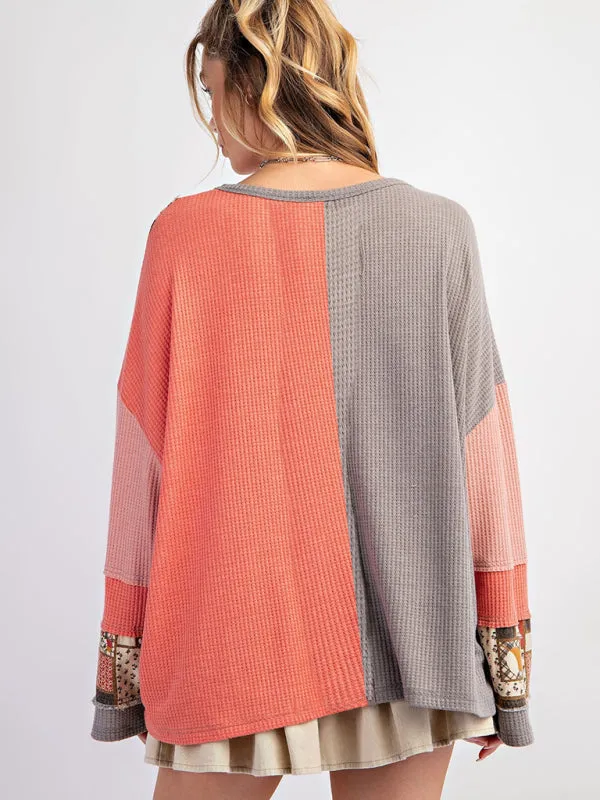 Women's Contrast Print Waffle Top Casual Loose Sweatshirt