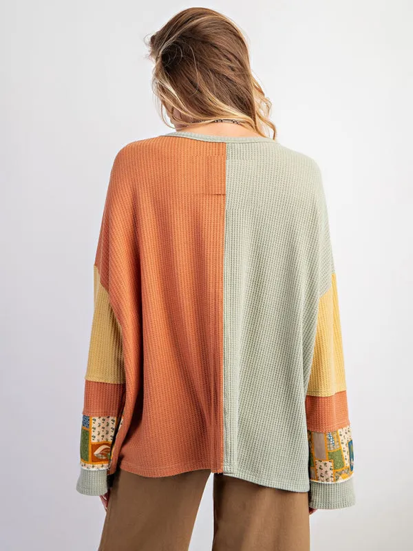 Women's Contrast Print Waffle Top Casual Loose Sweatshirt