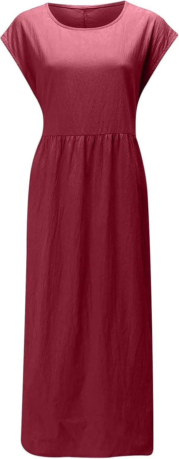 Women's Cotton Linen Dress with Pocket 2025 Plus Size Cap Sleeve Summer Dresses Vacation Crew Neck Casual Dress