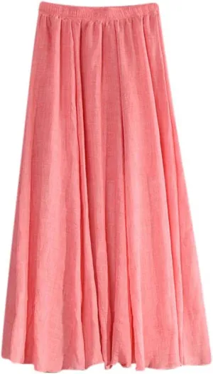Women's Cotton Linen Skirts Summer Lightweight Breathable Elastic High Waist Cool Comfy A-Line Midi Skirts