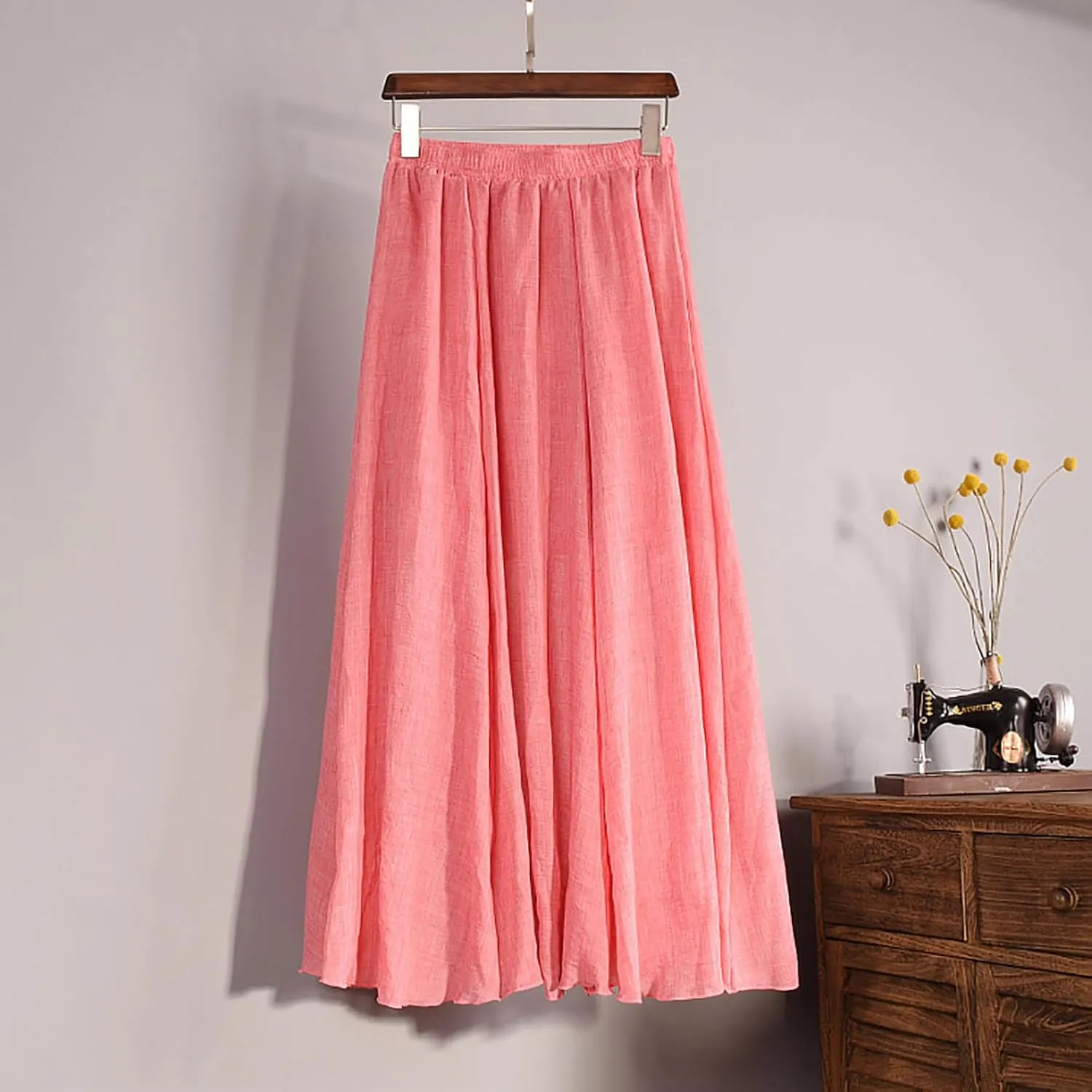 Women's Cotton Linen Skirts Summer Lightweight Breathable Elastic High Waist Cool Comfy A-Line Midi Skirts