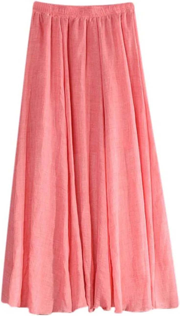 Women's Cotton Linen Skirts Summer Lightweight Breathable Elastic High Waist Cool Comfy A-Line Midi Skirts