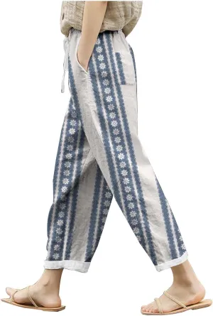 Womens Linen Summer Comfy Pant Trousers Low Waist Stretchy Straight Slim-Fit Trousers Beach