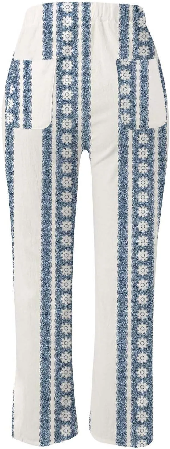Womens Linen Summer Comfy Pant Trousers Low Waist Stretchy Straight Slim-Fit Trousers Beach