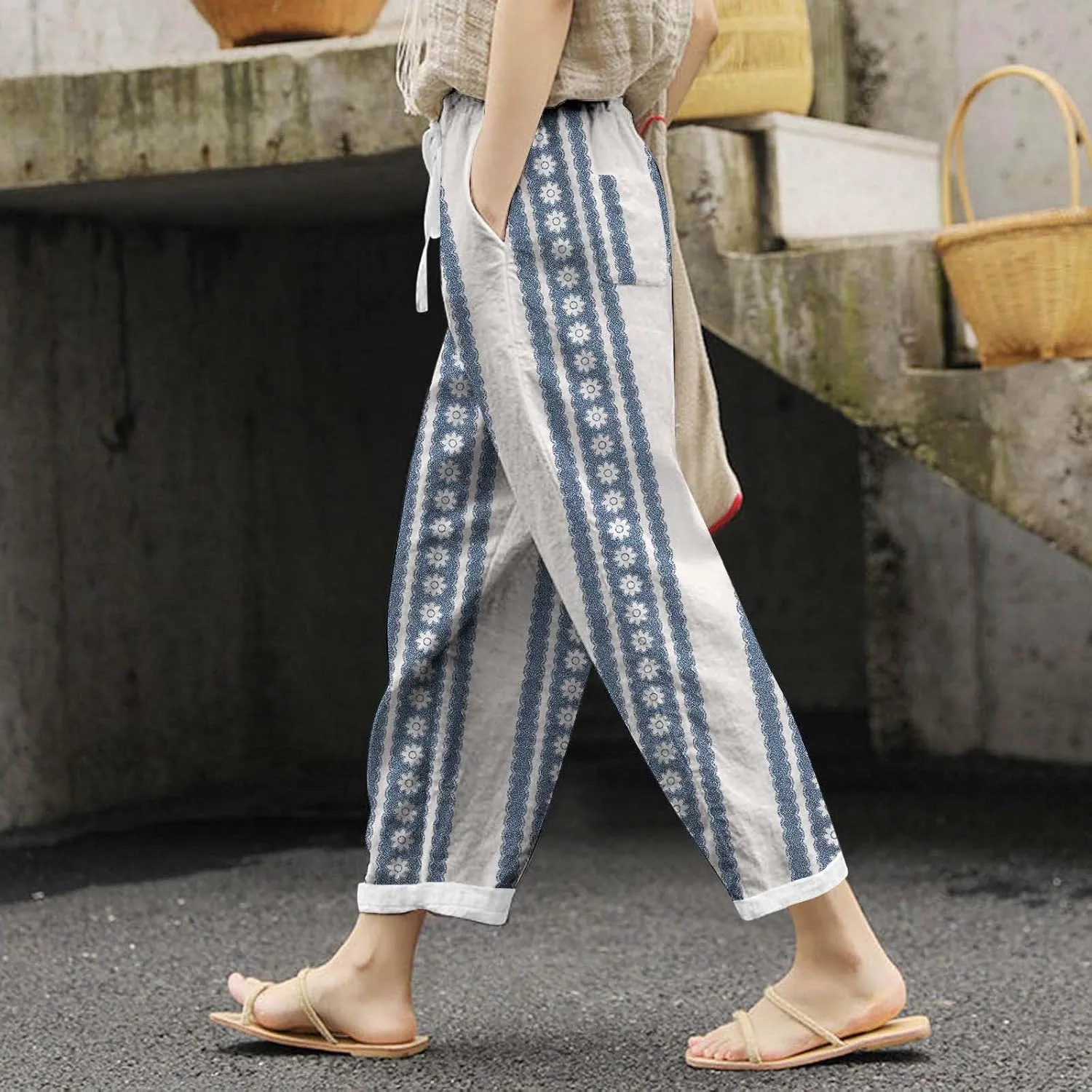 Womens Linen Summer Comfy Pant Trousers Low Waist Stretchy Straight Slim-Fit Trousers Beach