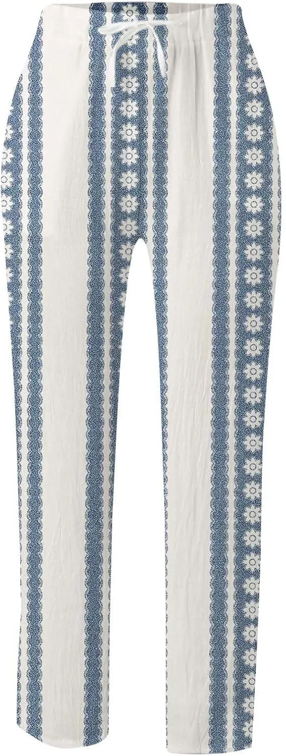Womens Linen Summer Comfy Pant Trousers Low Waist Stretchy Straight Slim-Fit Trousers Beach